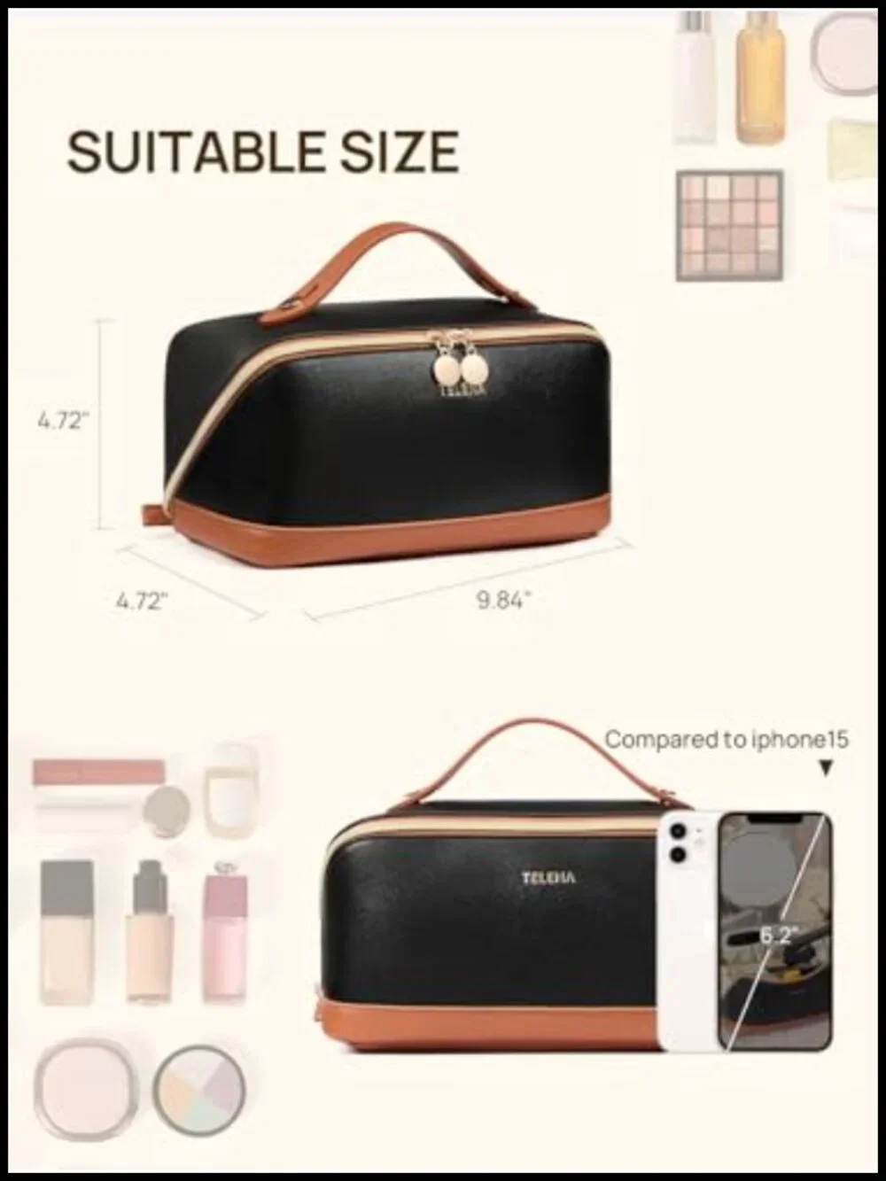 Water Resistant PU Leather Cosmetic Bag Travel Makeup Organizer Large Capacity